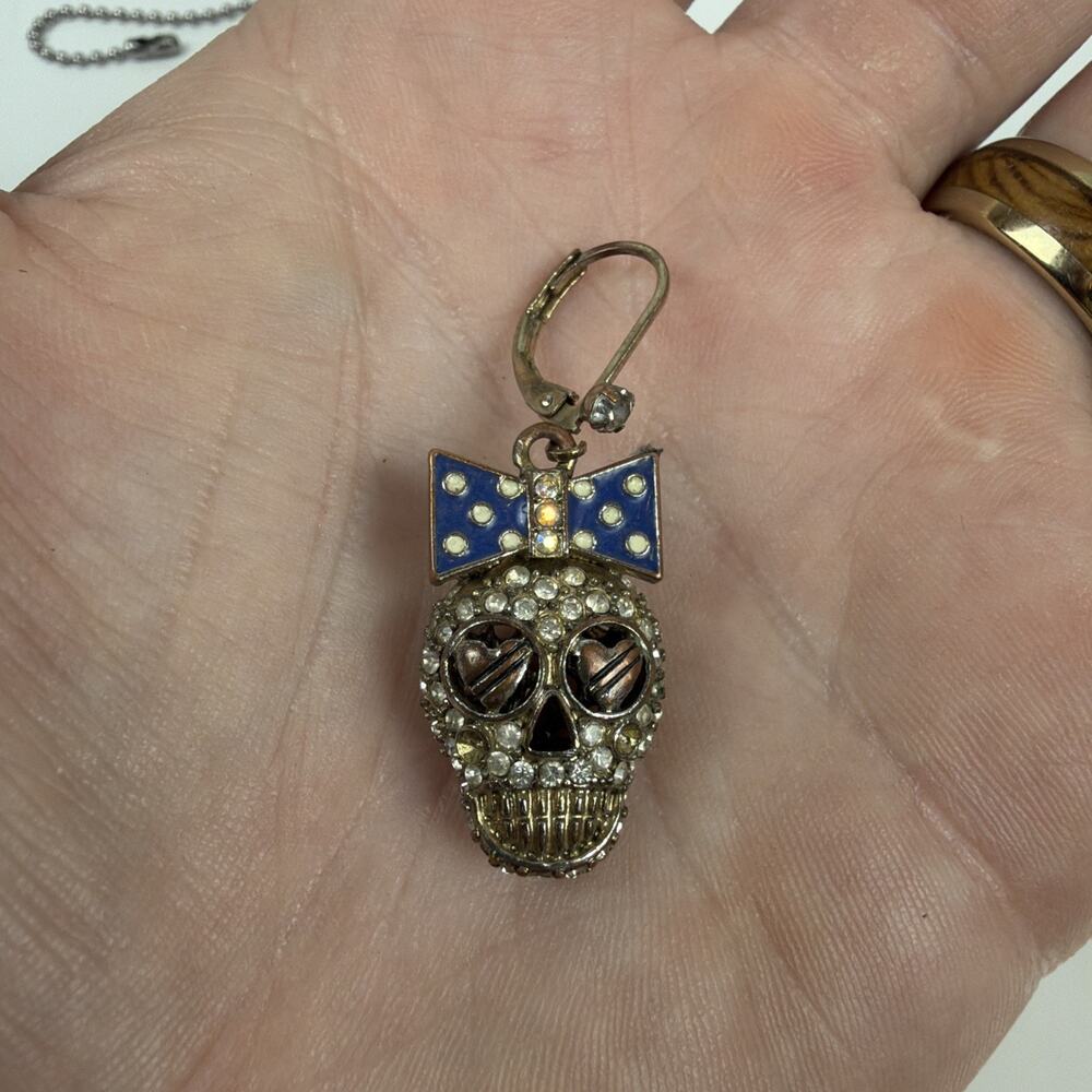 Betsey Johnson Ivy League Enamel Bow Crystals Dangle Skull Earring one Ear Ring